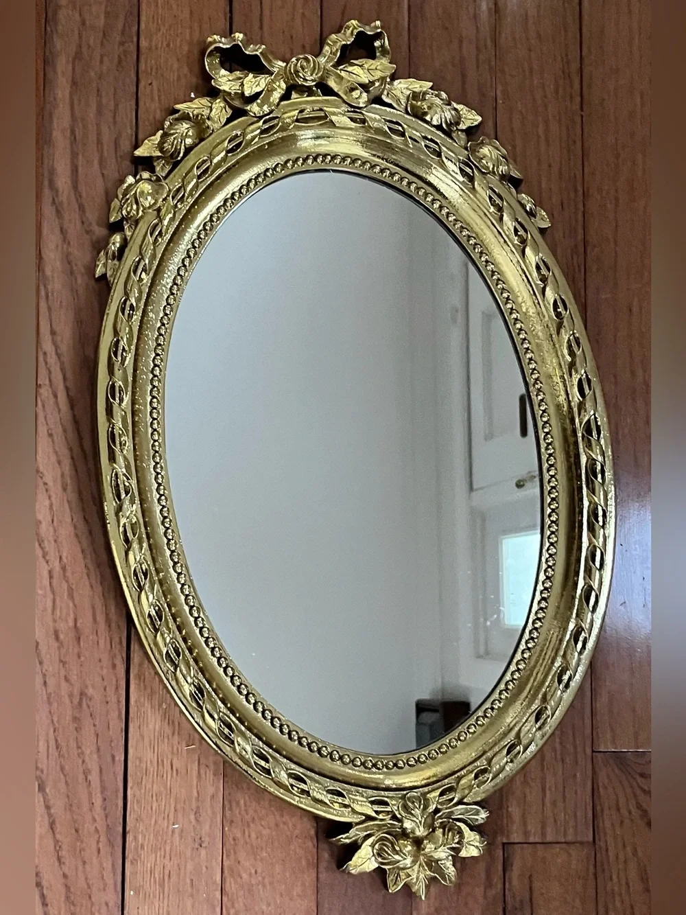 Home Interiors Gold Ornate Oval Wall Mirror with Floral Bow Accent